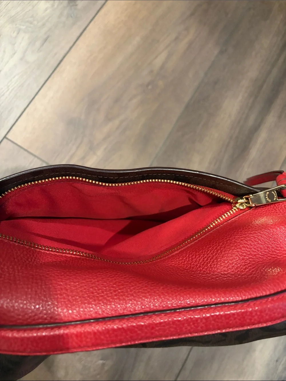 Coach Brown Signature Canvas Shoulder Bag with Red Leather Trim